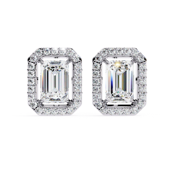 Picture of 1.50 Carat solitaire Emerald Cut Lab Grown Diamond Halo Earring.